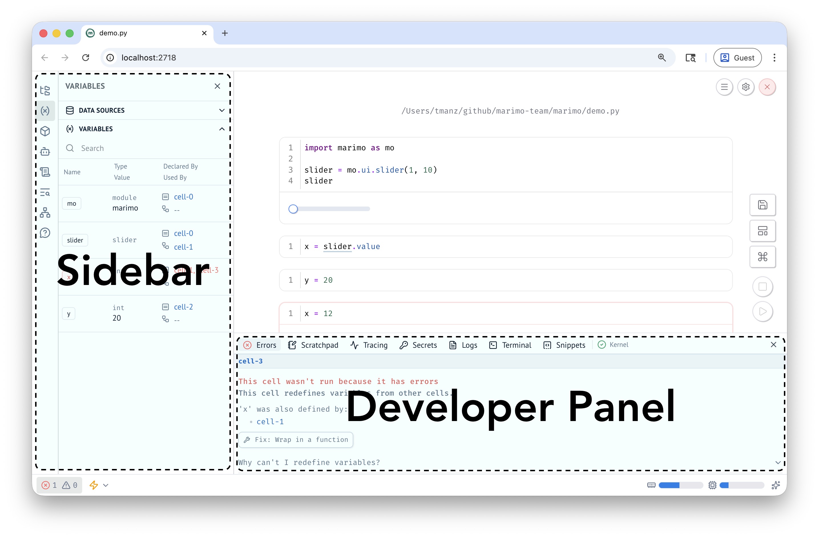 Editor showing sidebar on the left and developer panel at the bottom